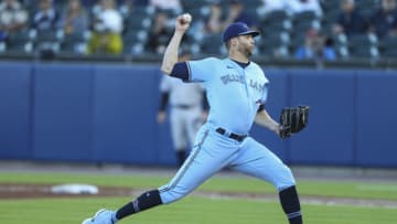 BUFFALO, NEW YORK - JUNE 17: T.J. Zeuch #29 of the Toronto Blue Jays throws a pitch during the second inning against the New York Yankees at Sahlen Field on June 17, 2021 in Buffalo, New York. (Photo by Joshua Bessex/Getty Images)