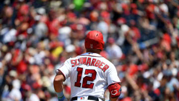 WASHINGTON, DC - JUNE 20: Kyle Schwarber #12 of the Washington Nationals rounds the bases after hitting a home run against the New York Mets at Nationals Park on June 20, 2021 in Washington, DC. (Photo by Will Newton/Getty Images)