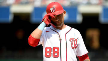 Gerardo Parra #88 of the Washington Nationals gestures towards the crowd after a play against the New York Mets at Nationals Park on June 20, 2021 in Washington, DC. (Photo by Will Newton/Getty Images)
