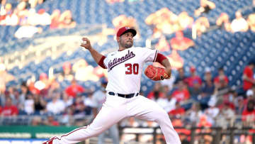 Paolo Espino #30 of the Washington Nationals pitches against the New York Mets during the first inning at Nationals Park on June 28, 2021 in Washington, DC. (Photo by Will Newton/Getty Images)