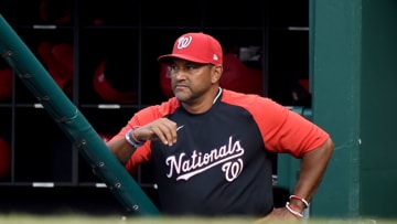 WASHINGTON, DC - JULY 21: Manager Dave Martinez #4 of the Washington Nationals watches the game in the second inning against the Miami Marlins at Nationals Park on July 21, 2021 in Washington, DC. (Photo by Greg Fiume/Getty Images)