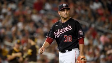 Paolo Espino #30 of the Washington Nationals walks off the field after an inning against the San Diego Padres at Nationals Park on July 16, 2021 in Washington, DC. (Photo by Will Newton/Getty Images)