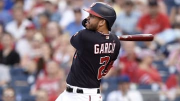 Luis Garcia #2 of the Washington Nationals hits a home run in the second inning against the Chicago Cubs at Nationals Park on July 30, 2021 in Washington, DC. (Photo by Greg Fiume/Getty Images)