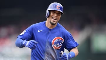 Rafael Ortega #66 of the Chicago Cubs celebrates after hitting a two-run home run in the eighth inning against the Washington Nationals at Nationals Park on August 01, 2021 in Washington, DC. (Photo by Greg Fiume/Getty Images)