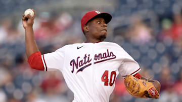 WASHINGTON, DC - AUGUST 02: Josiah Gray #40 of the Washington Nationals pitches in the second inning against the Philadelphia Phillies at Nationals Park on August 02, 2021 in Washington, DC. (Photo by Greg Fiume/Getty Images)
