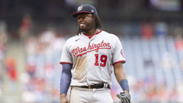 PHILADELPHIA, PA - JULY 29: Josh Bell #19 of the Washington Nationals looks on against the Philadelphia Phillies during Game One of the doubleheader at Citizens Bank Park on July 29, 2021 in Philadelphia, Pennsylvania. (Photo by Mitchell Leff/Getty Images)