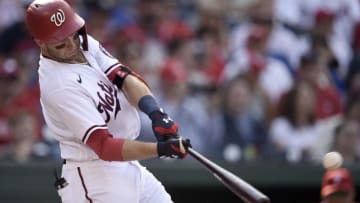 Carter Kieboom #8 of the Washington Nationals drives in a run with a single in the fourth inning against the Philadelphia Phillies at Nationals Park on August 05, 2021 in Washington, DC. (Photo by Greg Fiume/Getty Images)
