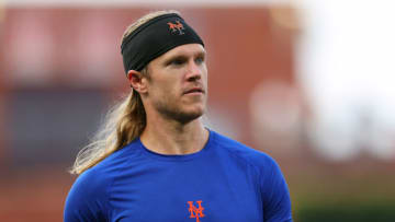 Noah Syndergaard #34 of the New York Mets in action against the Philadelphia Phillies during a game at Citizens Bank Park on August 6, 2021 in Philadelphia, Pennsylvania. The Phillies defeated the Mets 4-2. (Photo by Rich Schultz/Getty Images)