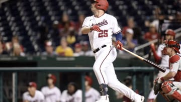 Riley Adams #25 of the Washington Nationals bats against the Philadelphia Phillies at Nationals Park on August 04, 2021 in Washington, DC. (Photo by G Fiume/Getty Images)