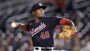 WASHINGTON, DC - AUGUST 13: Josiah Gray #40 of the Washington Nationals pitches in the first inning against the Atlanta Braves at Nationals Park on August 13, 2021 in Washington, DC. (Photo by Greg Fiume/Getty Images)