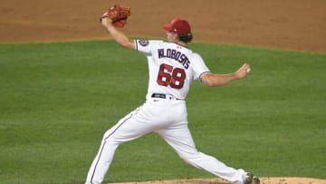 WASHINGTON, DC - AUGUST 17: Gabe Klobosits #68 of the Washington Nationals pitches during a baseball game against the Toronto Blue Jays at Nationals Park on August 17, 2021 in Washington, DC. (Photo by Mitchell Layton/Getty Images)