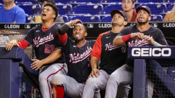 MIAMI, FLORIDA - AUGUST 26: (L-R) Juan Soto #22, Alcides Escobar #3, Gerardo Parra #88, and Luis Garcia #2 of the Washington Nationals react after Riley Adams #25 flies out to end the ball game in the ninth inning against the h at loanDepot park on August 26, 2021 in Miami, Florida. (PMiami Marlinsto by Mark Brown/Getty Images)