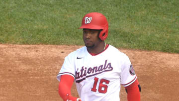Victor Robles #16 of the Washington Nationals takes a swing during a baseball game against the Toronto Blue Jays at Nationals Park on August 18, 2021 in Washington, DC. (Photo by Mitchell Layton/Getty Images)
