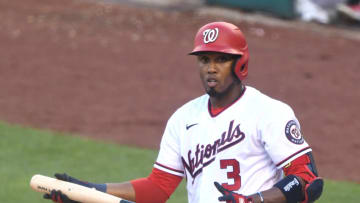 Alcides Escobar #3 of the Washington Nationals looks on during a baseball game against the Toronto Blue Jays at Nationals Park on August 18, 2021 in Washington, DC. (Photo by Mitchell Layton/Getty Images)