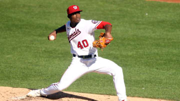 Josiah Gray #40 of the Washington Nationals pitches during a baseball game against the Toronto Blue Jays at Nationals Park on August 18, 2021 in Washington, DC. (Photo by Mitchell Layton/Getty Images)