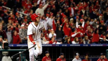 WASHINGTON, DC - OCTOBER 12: Bryce Harper #34 of the Washington Nationals hits a home run in the third inning against the St. Louis Cardinals in Game Five of the National League Division Series at Nationals Park on October 12, 2012 in Washington, DC. (Photo by Rob Carr/Getty Images)