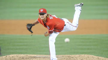 Ross Detwiler #48 of the Washington Nationals pitches during a baseball game against the Milwaukee Brewers on July 19, 2014 at Nationals Park in Washington, DC. The Nationals won 8-3. (Photo by Mitchell Layton/Getty Images)