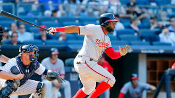NEW YORK, NY - JUNE 10: Denard Span #2 of the Washington Nationals follows through on an eleventh inning RBI infield base hit against the New York Yankees at Yankee Stadium on June 10, 2015 in the Bronx borough of New York City. (Photo by Jim McIsaac/Getty Images)