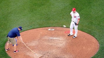 WASHINGTON, DC - MAY 14: Shawn Kelley #27 of the Washington Nationals waits for the grounds crew to prep the pitcher's mound in the eighth inning against the Miami Marlins at Nationals Park on May 14, 2016 in Washington, DC. (Photo by Greg Fiume/Getty Images)