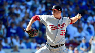 LOS ANGELES, CA - OCTOBER 10: Sammy Solis #36 of the Washington Nationals pitches in the fifth inning against the Los Angeles Dodgers in game three of the National League Division Series at Dodger Stadium on October 10, 2016 in Los Angeles, California. (Photo by Harry How/Getty Images)