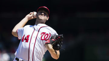 WASHINGTON, DC - AUGUST 28: Lucas Giolito #44 of the Washington Nationals throws a pitch to a Colorado Rockies batter in the first inning during a MLB baseball game at Nationals Park on August 28, 2016 in Washington, DC. (Photo by Patrick McDermott/Washington Nationals/Getty Images)