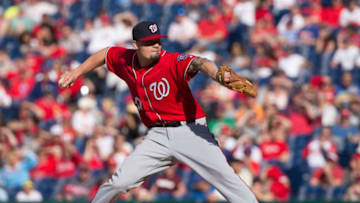 PHILADELPHIA, PA - APRIL 09: Koda Glover #30 of the Washington Nationals throws a pitch in the bottom of the ninth inning against the Philadelphia Phillies at Citizens Bank Park on April 9, 2017 in Philadelphia, Pennsylvania. The Phillies defeated the Nationals 4-3. (Photo by Mitchell Leff/Getty Images)