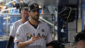 MIAMI, FL - MAY 12: Kyle Barraclough #46 of the Miami Marlins throws his glove after being pulled during the seventh inning of the game against the Atlanta Braves at Marlins Park on May 12, 2017 in Miami, Florida. (Photo by Eric Espada/Getty Images)