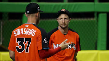 MIAMI, FL - JULY 10: Stephen Strasburg #37 of the Washington Nationals and the National League talks to Max Scherzer #31 of the Washington Nationals and the National League during Gatorade All-Star Workout Day ahead of the 88th MLB All-Star Game at Marlins Park on July 10, 2017 in Miami, Florida. (Photo by Rob Carr/Getty Images)