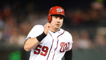 Jose Lobaton #59 of the Washington Nationals runs to third base during a baseball game against the Pittsburgh Pirates at Nationals Park on September 28, 2017 in Washington, DC. The Nationals won 5-4. (Photo by Mitchell Layton/Getty Images)