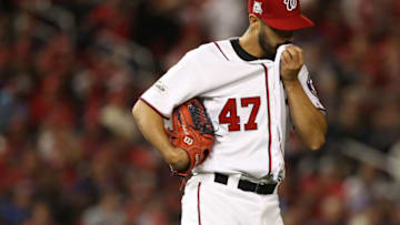 WASHINGTON, DC - OCTOBER 12:Gio Gonzalez #47 of the Washington Nationals reacts delivers a pitch against the Chicago Cubs during the first inning in game five of the National League Division Series at Nationals Park on October 12, 2017 in Washington, DC. (Photo by Patrick Smith/Getty Images)