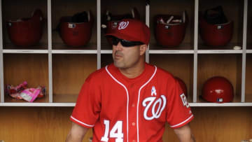 Manny Acta #14, manager of the Washington Nationals, looks on before a baseball game against the Washington Nationals on June 21, 2009 at Nationals Park in Washington D.C. (Photo by Mitchell Layton/Getty Images)