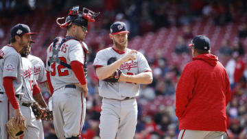 CINCINNATI, OH - MARCH 31: Stephen Strasburg #37 of the Washington Nationals gets a visit from pitching coach Derek Lilliquist in the sixth inning of the game against the Cincinnati Reds at Great American Ball Park on March 31, 2018 in Cincinnati, Ohio. The Nationals won 13-7. (Photo by Joe Robbins/Getty Images)