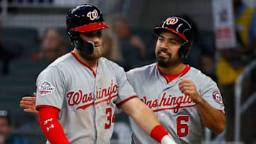 ATLANTA, GA - APRIL 02: Bryce Harper #34 of the Washington Nationals reacts after hitting a three-run homer in the second inning to score Pedro Severino #29 and Anthony Rendon #6 against the Atlanta Braves at SunTrust Park on April 2, 2018 in Atlanta, Georgia. (Photo by Kevin C. Cox/Getty Images)
