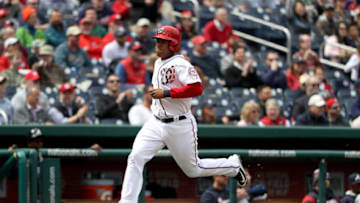 WASHINGTON, DC - APRIL 7: Pedro Severino #29 of the Washington Nationals scores a run Atlanta Braves at Nationals Park on April 7, 2018 in Washington, DC. (Photo by Rob Carr/Getty Images)