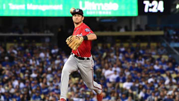 LOS ANGELES, CA - APRIL 21: Trea Turner #7 of the Washington Nationals makes a play and throws out Matt Kemp #27 of the Los Angeles Dodgers at first base in the fifth inning of the game at Dodger Stadium on April 21, 2018 in Los Angeles, California. (Photo by Jayne Kamin-Oncea/Getty Images)