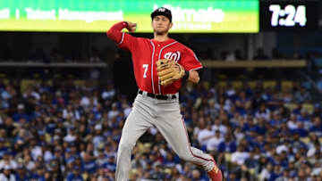 LOS ANGELES, CA - APRIL 21: Trea Turner #7 of the Washington Nationals makes a play and throws out Matt Kemp #27 of the Los Angeles Dodgers at first base in the fifth inning of the game at Dodger Stadium on April 21, 2018 in Los Angeles, California. (Photo by Jayne Kamin-Oncea/Getty Images)
