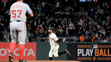SAN FRANCISCO, CA - APRIL 24: Brandon Belt #9 of the San Francisco Giants trots around the bases after hitting a two-run home run of of Tanner Roark #57 of the Washington Nationals in the bottom of the third inning at AT&T Park on April 24, 2018 in San Francisco, California. (Photo by Thearon W. Henderson/Getty Images)