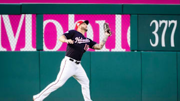 WASHINGTON, DC - MAY 01: Matt Adams #15 of the Washington Nationals retires Corey Dickerson #12 (not pictured) of the Pittsburgh Pirates during the second inning at Nationals Park on May 1, 2018 in Washington, DC. (Photo by Scott Taetsch/Getty Images)