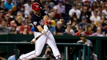 WASHINGTON, DC - MAY 01: Ryan Zimmerman #11 of the Washington Nationals hits an RBI single against the Pittsburgh Pirates during the sixth inning at Nationals Park on May 1, 2018 in Washington, DC. (Photo by Scott Taetsch/Getty Images)