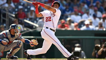 WASHINGTON, DC - MAY 20: Juan Soto #22 of the Washington Nationals strikes out swinging in the eighth inning against the Los Angeles Dodgers during his MLB debut at Nationals Park on May 20, 2018 in Washington, DC. (Photo by Patrick McDermott/Getty Images)
