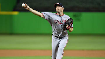 MIAMI, FL - MAY 25: Max Scherzer #31 of the Washington Nationals warms up before the first inning against the Miami Marlins at Marlins Park on May 25, 2018 in Miami, Florida. (Photo by Mark Brown/Getty Images)