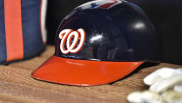 MIAMI, FL - MAY 27: A detailed view of a Washington Nationals batting helmet in the dugout before the start of the game against the Miami Marlins at Marlins Park on May 27, 2018 in Miami, Florida. (Photo by Eric Espada/Getty Images)