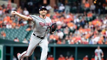 BALTIMORE, MD - MAY 30: Max Scherzer #31 of the Washington Nationals pitches against the Baltimore Orioles during the first inning at Oriole Park at Camden Yards on May 30, 2018 in Baltimore, Maryland. (Photo by Scott Taetsch/Getty Images)