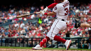 WASHINGTON, DC - JUNE 10: Bryce Harper #34 of the Washington Nationals grounds out against the San Francisco Giants during the first inning at Nationals Park on June 10, 2018 in Washington, DC. (Photo by Scott Taetsch/Getty Images)