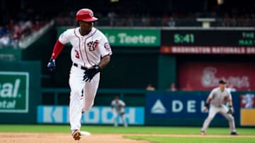 WASHINGTON, DC - JUNE 10: Michael Taylor #3 of the Washington Nationals steals third against the San Francisco Giants during the fifth inning at Nationals Park on June 10, 2018 in Washington, DC. (Photo by Scott Taetsch/Getty Images)