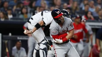 NEW YORK, NY - JUNE 12: Bryce Harper #34 of the Washington Nationals reacts after being hit by a pitch by CC Sabathia #52 of the New York Yankees in the fifth inning during their game at Yankee Stadium on June 12, 2018 in New York City. (Photo by Al Bello/Getty Images)