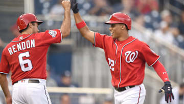WASHINGTON, DC - JUNE 18: Juan Soto #22 of the Washington Nationals celebrates hitting a two run home run in the sixth inning with Anthony Rendon #6 during game one of a doubleheader against the New York Yankees at Nationals Park on June 18, 2018 in Washington, DC. Game one is the completion of a game that was suspended on May 15th due to rain. (Photo by Mitchell Layton/Getty Images)