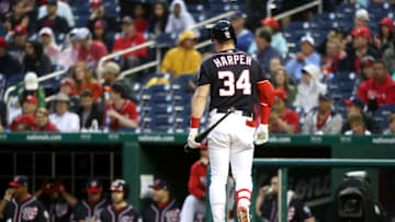 WASHINGTON, DC - JUNE 22: Bryce Harper #34 of the Washington Nationals walks back to the dugout after striking out in the first inning against the Philadelphia Phillies at Nationals Park on June 22, 2018 in Washington, DC. (Photo by Rob Carr/Getty Images)