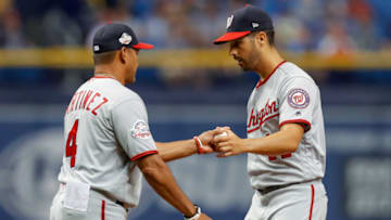 ST. PETERSBURG, FL - JUNE 25: Gio Gonzalez #47 of the Washington Nationals, right, is removed from the game by manager manager Dave Martinez #4 in the second inning of a baseball game against the Tampa Bay Rays at Tropicana Field on June 25, 2018 in St. Petersburg, Florida. (Photo by Mike Carlson/Getty Images)