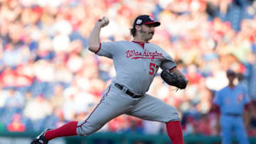 PHILADELPHIA, PA - JUNE 28: Tanner Roark #57 of the Washington Nationals throws a pitch in the bottom of the first inning against the Philadelphia Phillies at Citizens Bank Park on June 28, 2018 in Philadelphia, Pennsylvania. (Photo by Mitchell Leff/Getty Images)